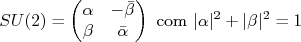 SU(2)=\begin{pmatrix}rn\alpha & -\bar{\beta} \\ rn\beta & \bar{\alpha} rn\end{pmatrix}\text{ com } |\alpha|^2+|\beta|^2=1 SU(2)=\begin{pmatrix}rn\alpha & -\bar{\beta} \\ rn\beta & \bar{\alpha} rn\end{pmatrix}\text{ com } |\alpha|^2+|\beta|^2=1